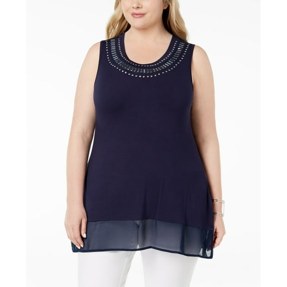 Belldini Plus Size Studded Sheer Hem Tunic Tank Navy/Silver 1X