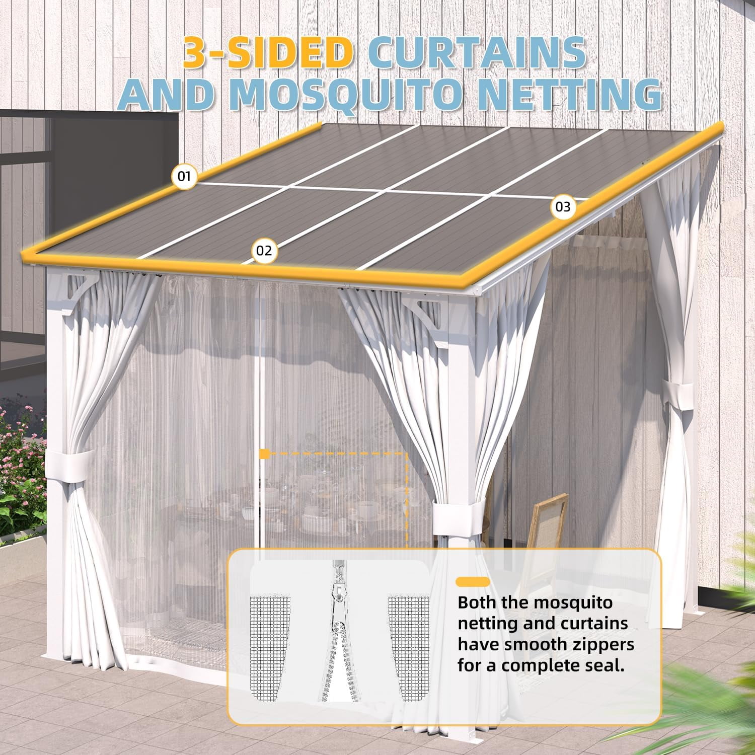 AECOJOY 8' X 8' Outdoor Lean to Gazebo for Patio on Clearance, Small Wall Mounted 8x8 Pergola with Curtains and Netting, Heavy Duty Metal Awnings for Lawn Backyard Garden Deck in White