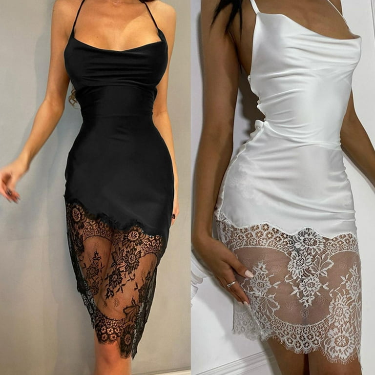 GENEMA Women Sexy Spaghetti Strap Eyelash Lace Patchwork Hem Backless Satin Midi  Dress - Walmart.com