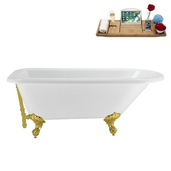 62" Streamline N4840GLD-BGL Soaking Clawfoot Tub and Tray With External Drain in Brushed Gold and Polished Gold Clawfeet
