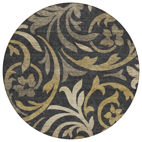 HomeRoots 585762 8 ft. Round Floral Washable Indoor & Outdoor Area Rug, Black, Taupe & Gold