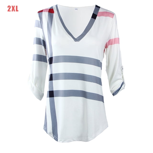 Camiseta con estampado a cuadros Mujer Otoño Manga 3/4 Blusa con cuello en V profundo Top suelto Inevent AP000101-19B