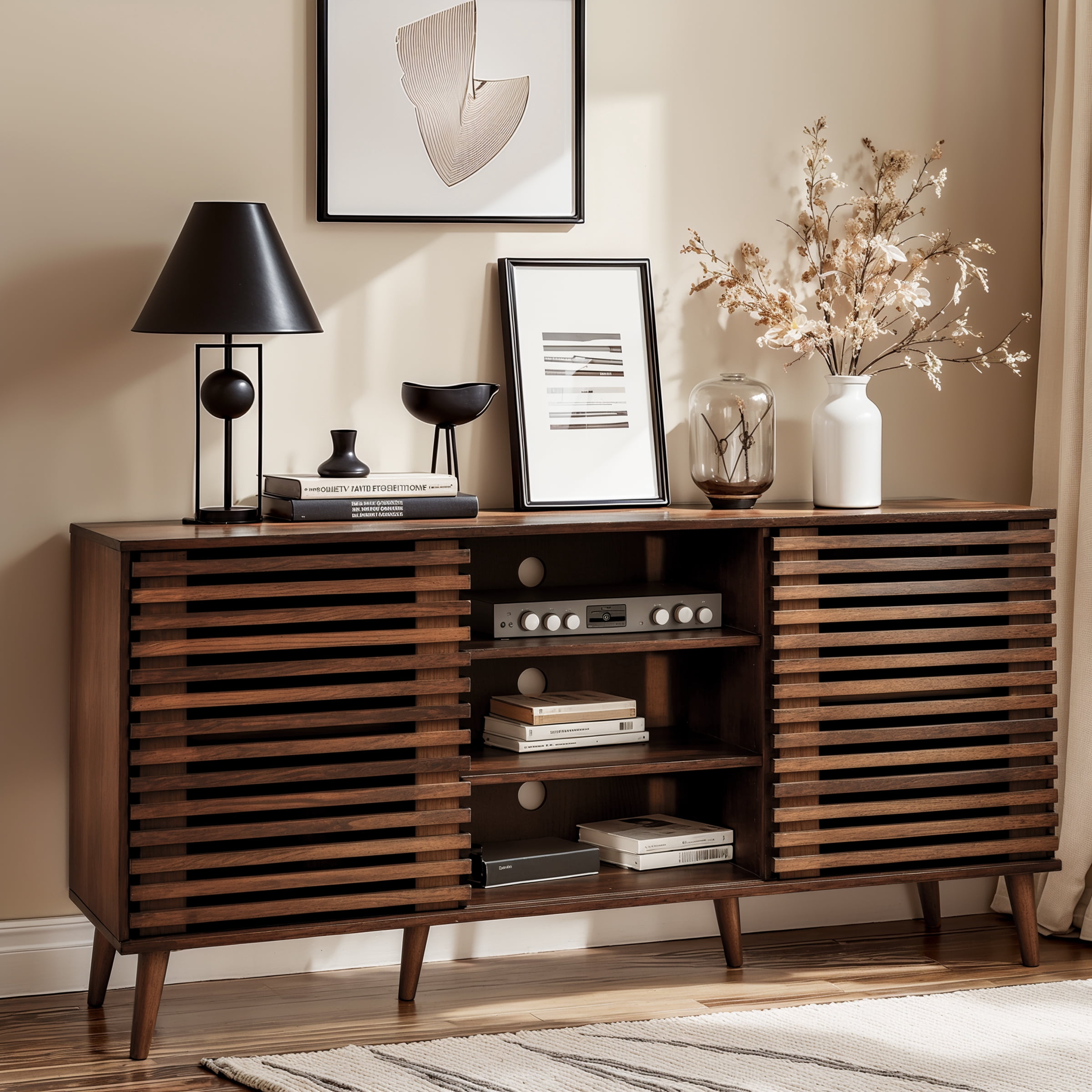 Subrtex Mid-Century Modern TV Stand Entertainment Center for TVs up to 60", Walnut Wooden Media Console with Slatted Doors & Adjustable Shelves for Living Room Storage