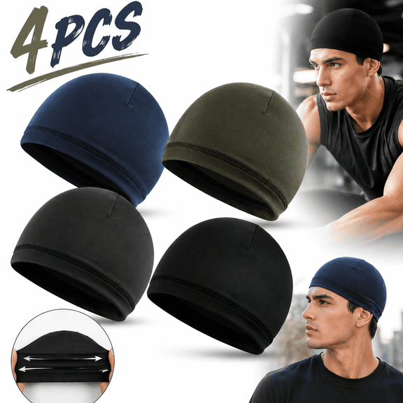 Genreen 4Pcs Mens Skull Caps Soft Skull Beanie Lightweight Skull Hat Stretchy Hair Sleeping Cap Breathable Helmet Liner