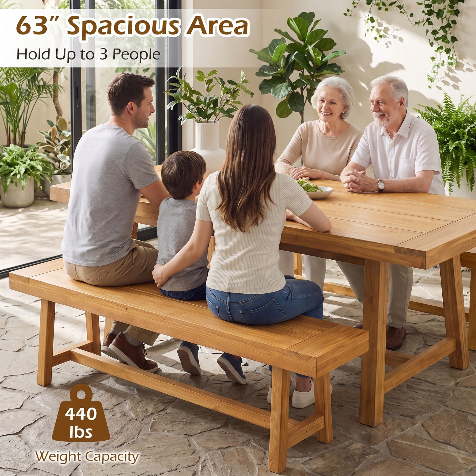Furnibear 63 Inch Solid Teak Wood Bench for up to 3 People with Trestle Legs for Dining Room Living Room and Entryway, Natural