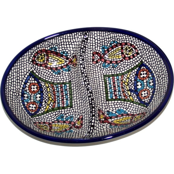 Double Dish Tabgha - Miracle of Multiplication of Fish and Bread Ceramic Serving Snack Dish (7.5 Inches) - Asfour Outlet Trademark