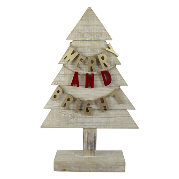 Northlight Wooden Tree "Merry and Bright" Christmas Decoration - 23" - Gold and Red