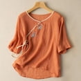 thumbnail image 3 of Tmtolofot Flower Print Embroidery Top For Womens Fashion Vintage Breath T-Shirts Solid Color Formal Shirts Otton Linen Lapel Tees Shirts Casual Crew Neck Tunic Top，1_Orange，Medium, 3 of 4