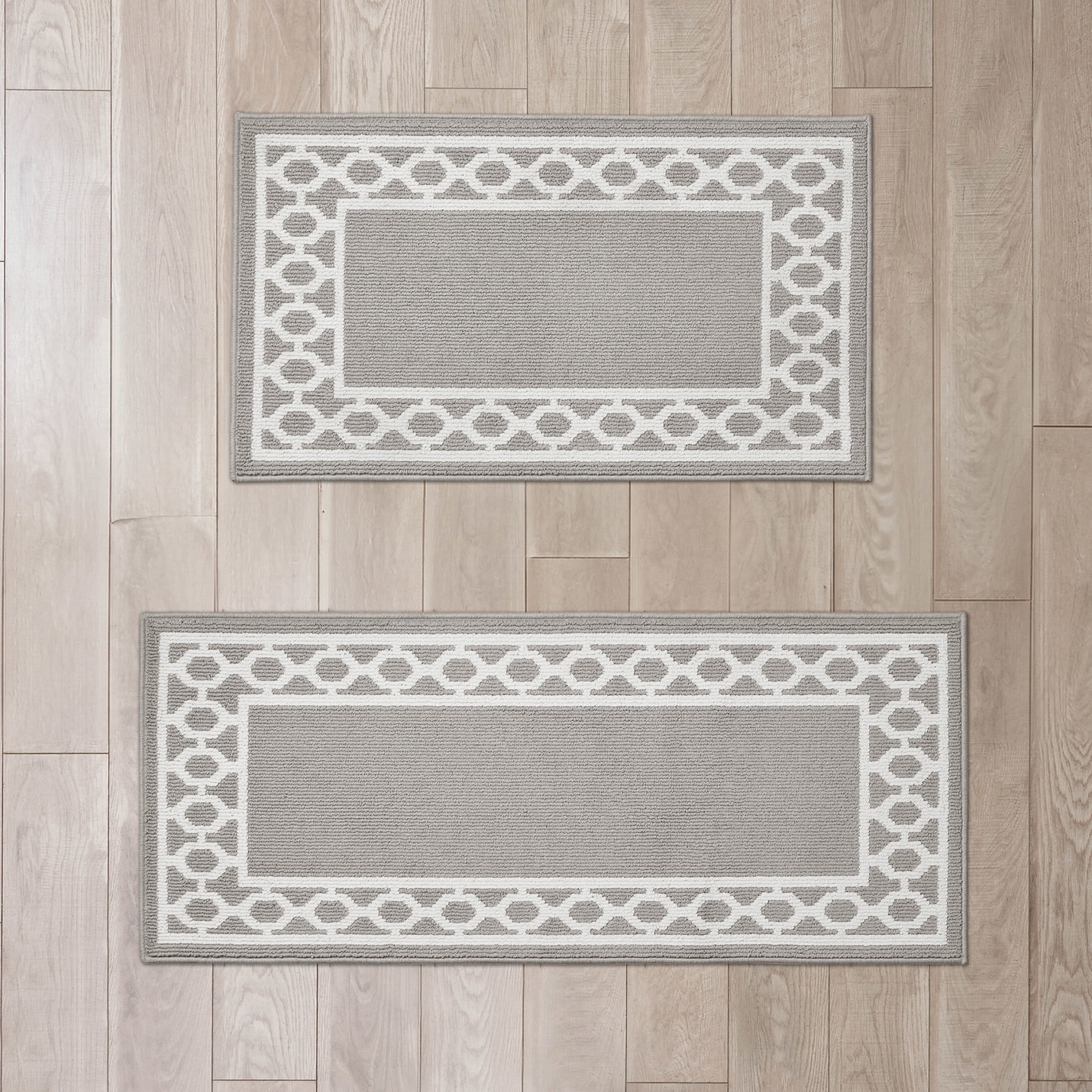 Washable Skid-Resistant Runner Rug, Trellis Border , Light Grey and White , 26" x 45"/26" x 60"