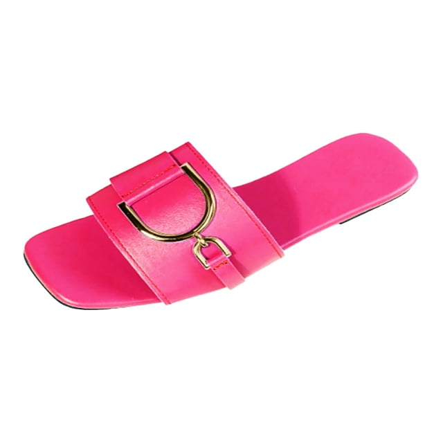 IUJSOY Womens Flat Sandals Summer Comfortable Square Open Toe Slip on Leather Slide Sandals