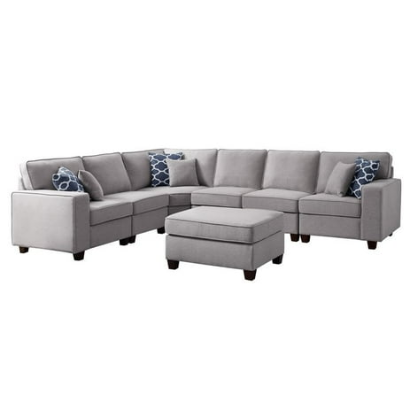 Bowery Hill Fabric Upholstered 7-PC Sectional Sofa and Ottoman in Light Gray