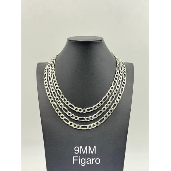 925 Sterling Silver Figaro Chain Necklace 9mm 24" Italy