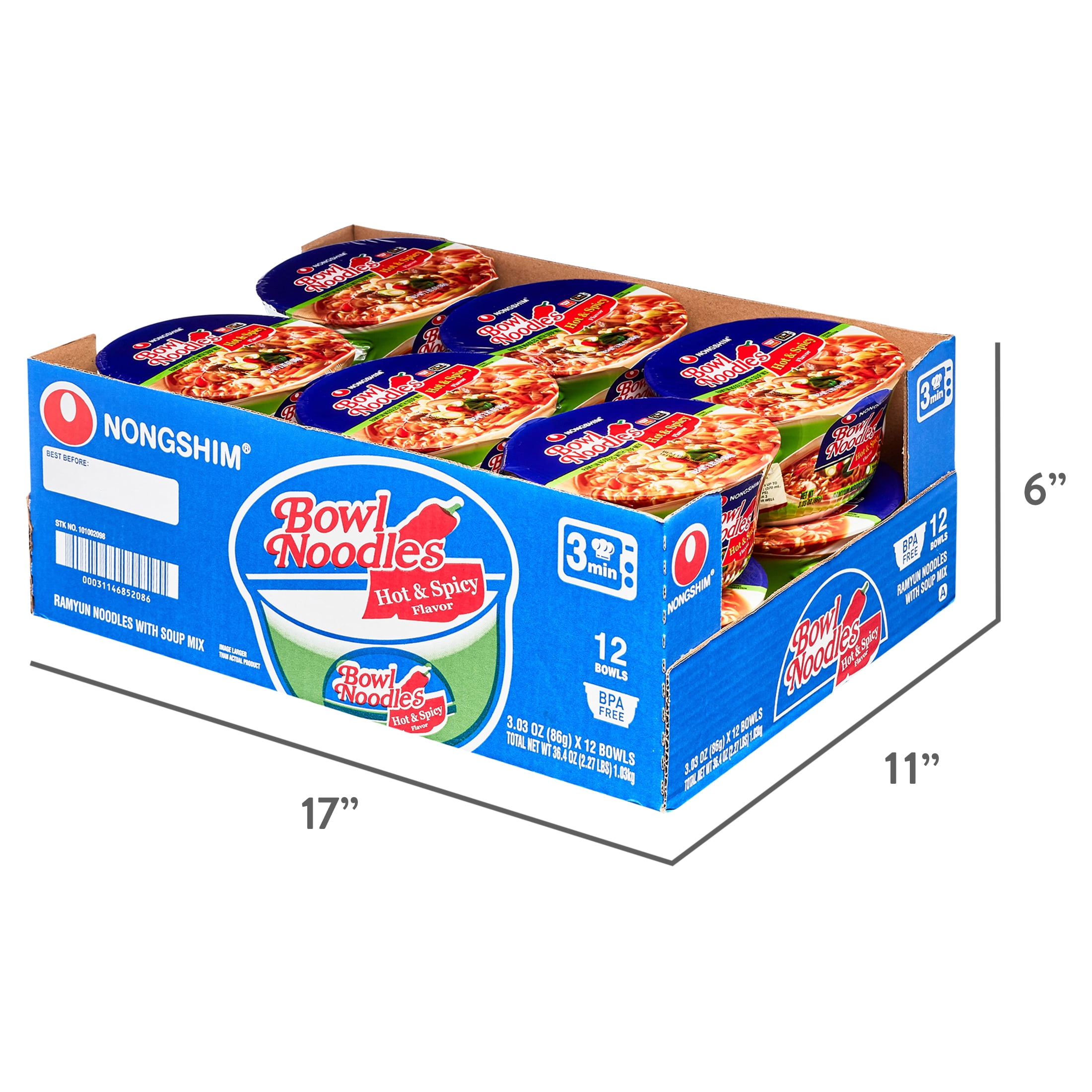 Nongshim Bowl Noodle Hot & Spicy Ramen Noodle Soup Bowl, 3.03oz X 12, Shelf-Stable