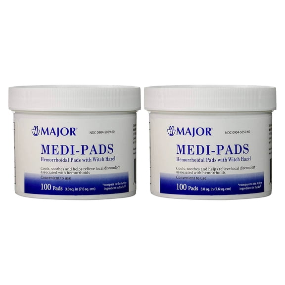 Major Medi-Pads Hemorrhoidal Pads With Witch Hazel, 100 Ct. JarPack of 2