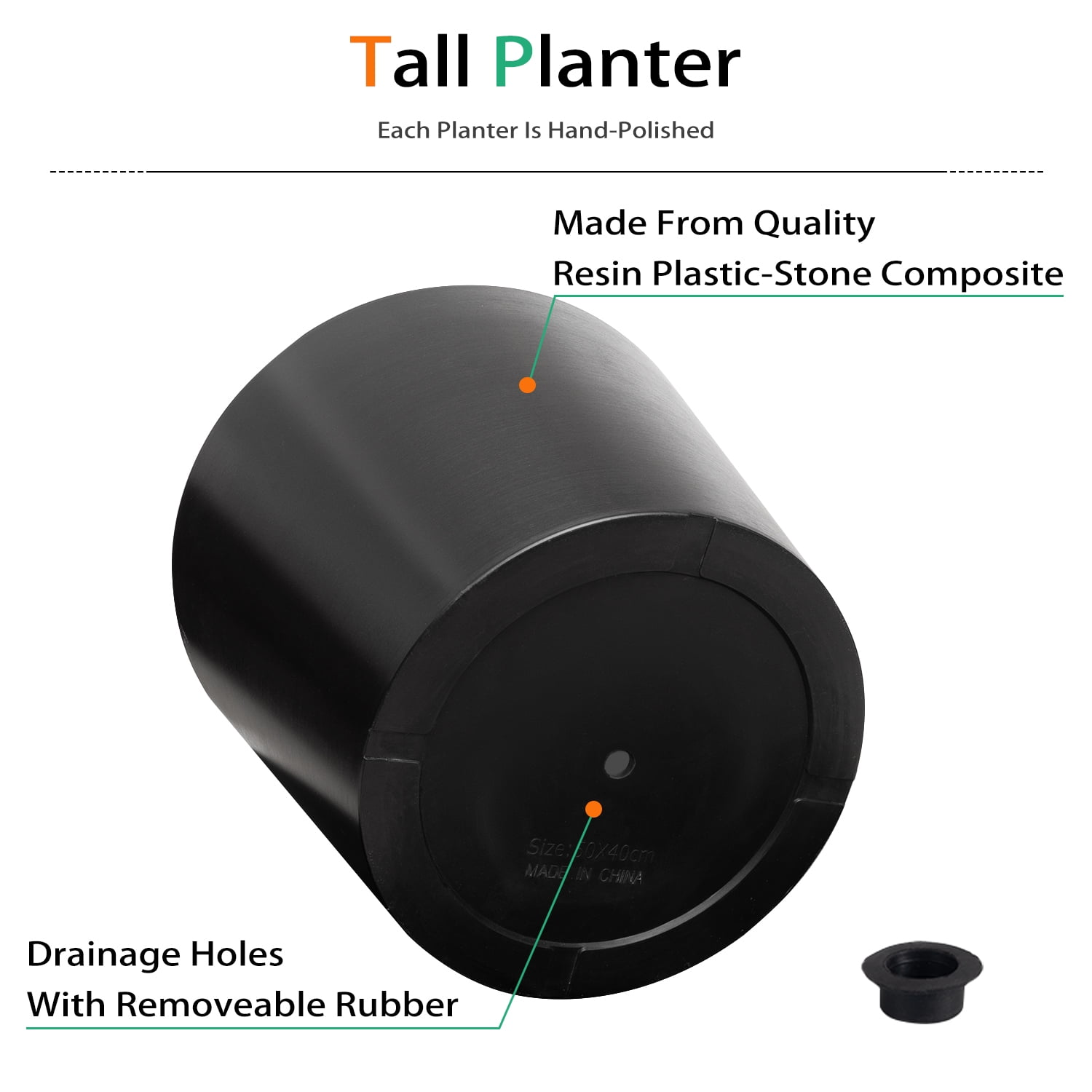 Vucunty Planter Set with Saucers, Round Planters 2 Pack, Large Resin Pots, 16 Inch, Outdoor Indoor Flower Pots, Black