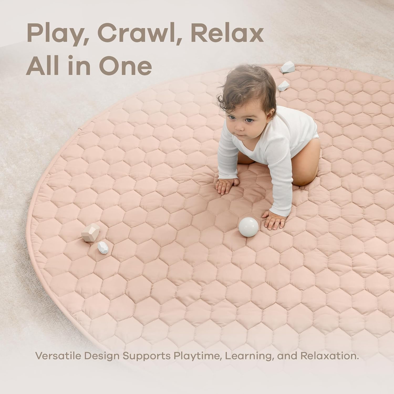 Comfy Cubs Premium Play Mat, Round (Large) 60" - Kids & Toddler Play Mat Non-Slip Bottom - Blush