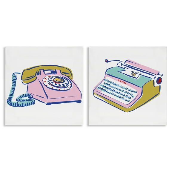 Stupell Industries Vintage Rotary Phone Typewriter Drawing Entertainment Painting Wrapped Canvas Art Print Wall Art, 17 x 17, Set of 2