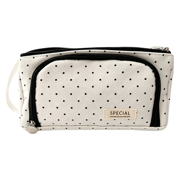 High Capacity Canvas Polka Dot Pencil Case Large Pencil Pouch Bag Stationery Organizer White