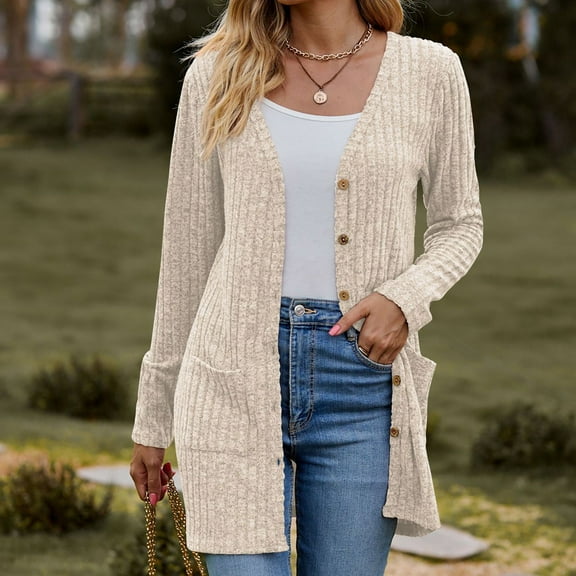 Antqov Cardigan Sweaters for Women, Solid Color Long Slim Knit Sweater Coats with Buttons Pockets, Daily Casual Thick Warm Cardigans