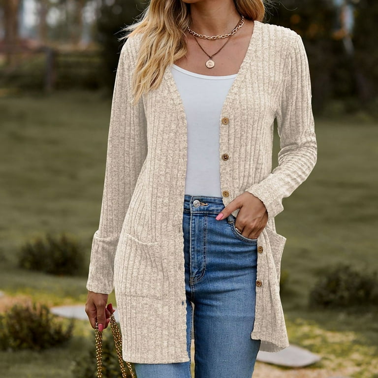 Women's Lightweight V-Neck Cardigan Sweater - Gold Button Long Knit Open Front