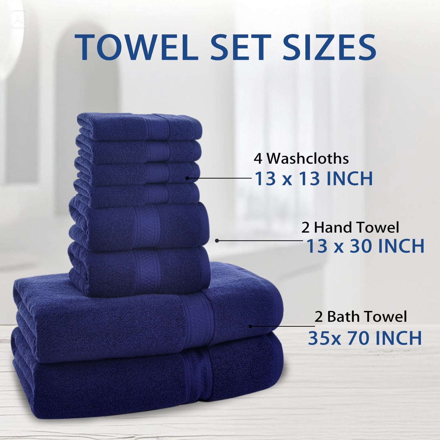 JML Navy Bath Towel Set of 8 Pieces - 100% Cotton Highly Absorbent Towels for Bathroom, 2 Soft Bath Towels, 2 Hand Towels, 4 Washcloths