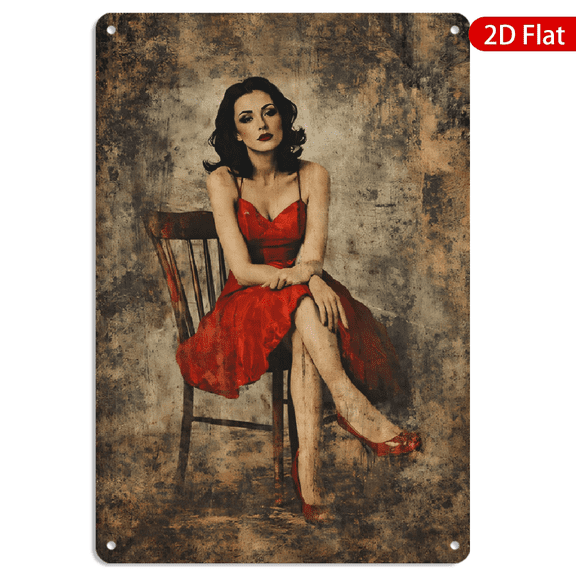 8x12 Inch Metal Wall Art Vintage Pin Up Woman in Red Dress Retro Glamour Decor 1pc for Home Living Room