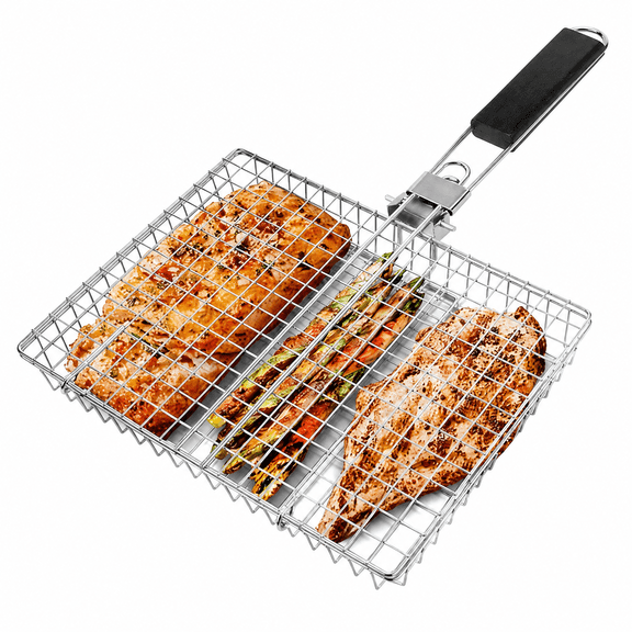 Portable Stainless Steel Grill Basket with Folding Handle and Storage Bag, Locking Wire Mesh BBQ Grilling Basket for Fish, Meat, Shrimp and Vegetables