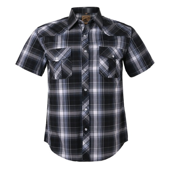 Coevals Club Men's Western Shirt Cowboy Plaid Country Pearl Snap Button Short Sleeve Two Pockets Work Shirts 09 Black White Gray X-Large