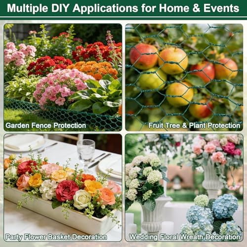 Floral Chicken Mesh for Craft, 4 x 236 Inch Galvanized Hexagonal Netting Roll, Lightweight Garden Poultry Fence for Coop & Rabbit, Metal Mesh Kit with Gloves, Ties and Plier
