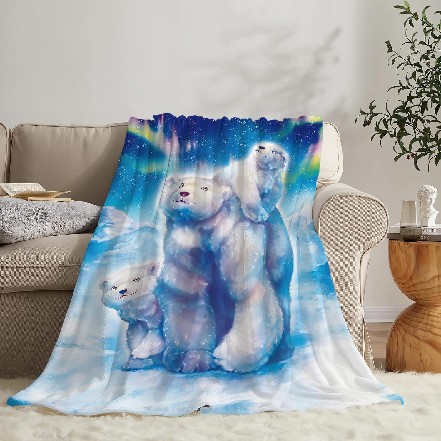 Polar Bear Blanket Super Soft Warm Fluffy Flannel Aurora White Bear Throw Blanket Cozy Fuzzy Plush Bear Animal Decor Stuff Blankets Gift for Boys Girls Kids Teens Adults 60"x50"