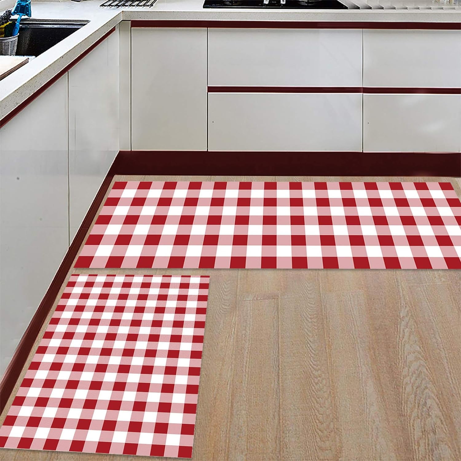Kitchen Rugs and Mats 2 Pieces Red Buffalo Plaid Runner Rug Sets White Check Soft Comfort Standing Kitchen Mats for Floor Absorbent Area Rugs Carpet Non Slip Farmhouse Cushioned Doormat Home Decor