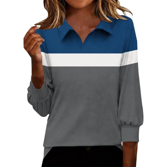 FRSASU Womens Tops 3/4 Sleeve V Neck Shirts Color Block Casual Business Basic Tees Summer Tops Navy M(M)