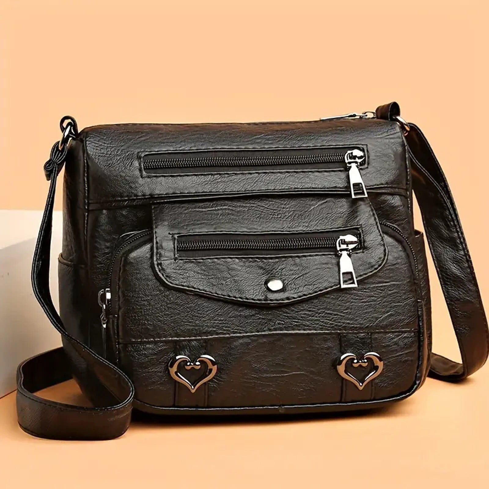 Crossbody Bags for Women Pocketbooks Soft PU Leather Purses and Handbags Multi Pocket Vintage Shoulder Bag with Heart Decor Black