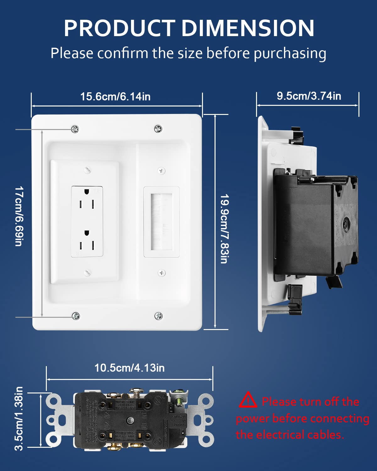 Stripoo In Wall Cable Management Kit for TV, Recessed Outlet Wall Plate Cable Pass Through Power Wire Hider Kit Wall Mount , Home Office Theater Systems,White