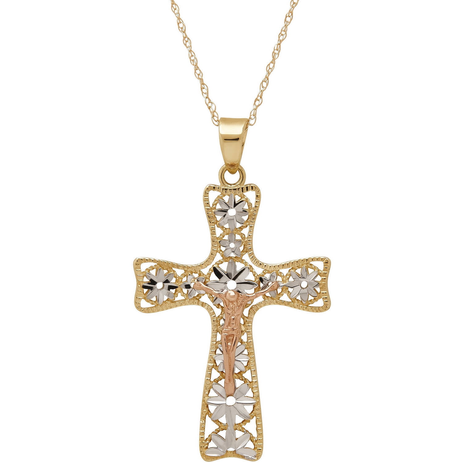 Simply Gold Precious Sentiments 10kt Yellow, White and Pink Gold Flat Crucifix Cross Pendant, 18" by Richline Group Inc