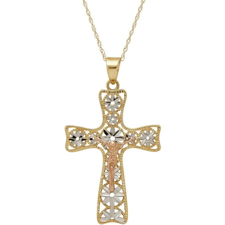 Simply Gold Precious Sentiments 10kt Yellow, White and Pink Gold Flat Crucifix Cross Pendant, 18