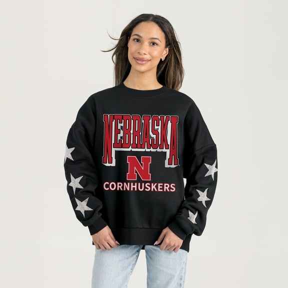 Women's Gameday Couture  Black Nebraska Huskers Pure Victory Relaxed Rhinestone Pullover Sweatshirt