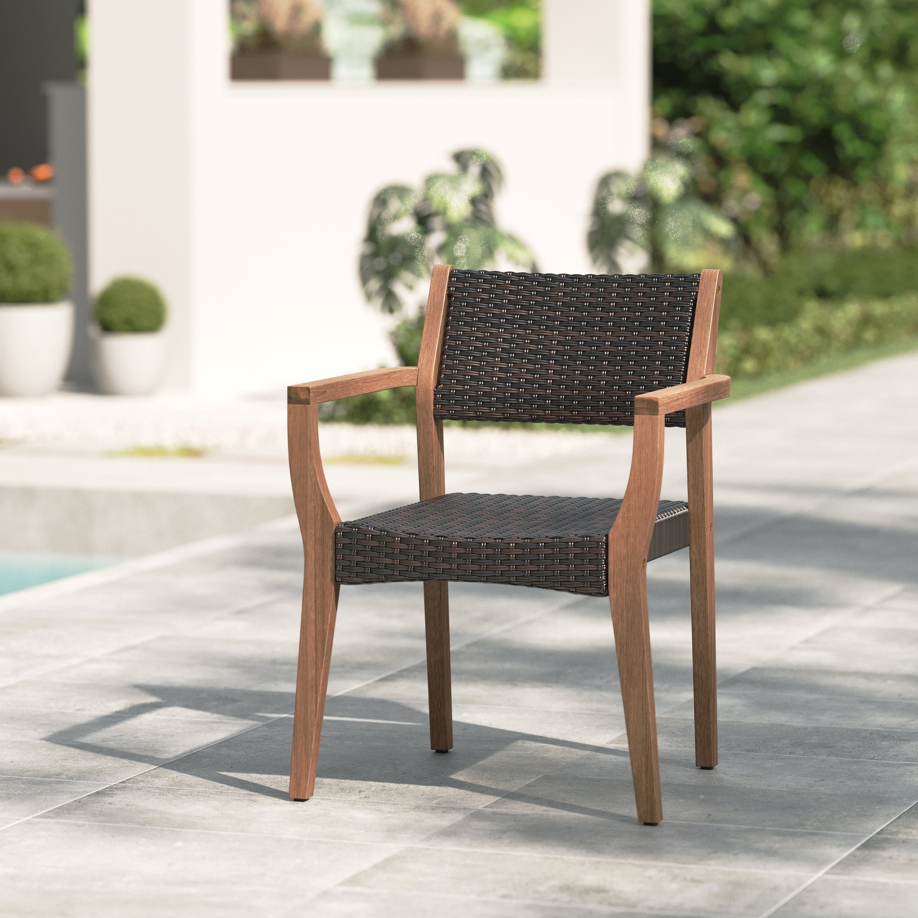 MF Studio 7-Piece Acacia Wood Outdoor Patio Dining Set with Extendable Table and Rattan Chair for 6 People, Wood Frame & Wicker Seat, Dark Brown