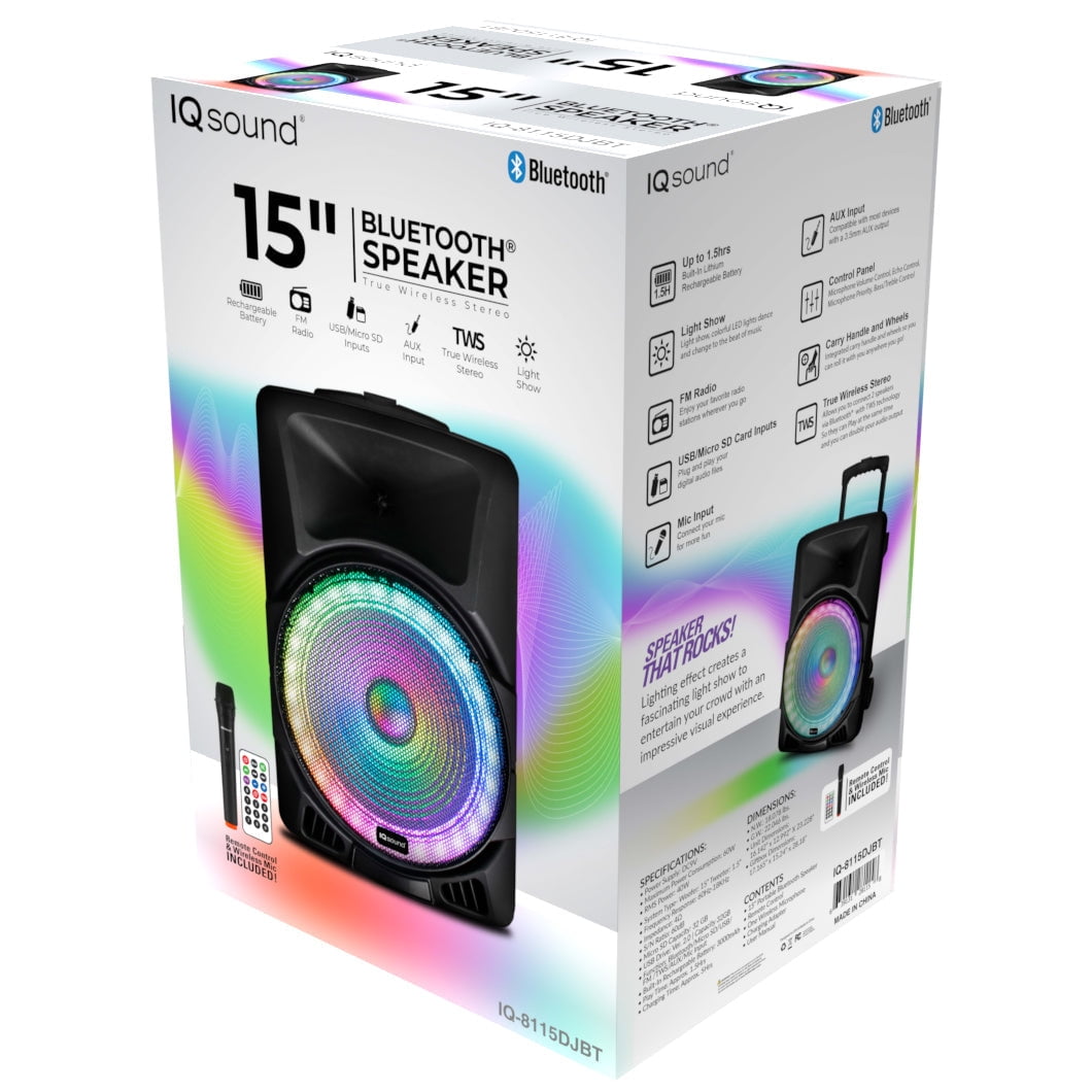 IQ Sound IQ-8265BT - Altavoz portátil Bluetooth de 2 x 6.5 pulgadas con  panel de luz LED, TWS, radio FM, entrada de micrófono, entrada USB/Micro