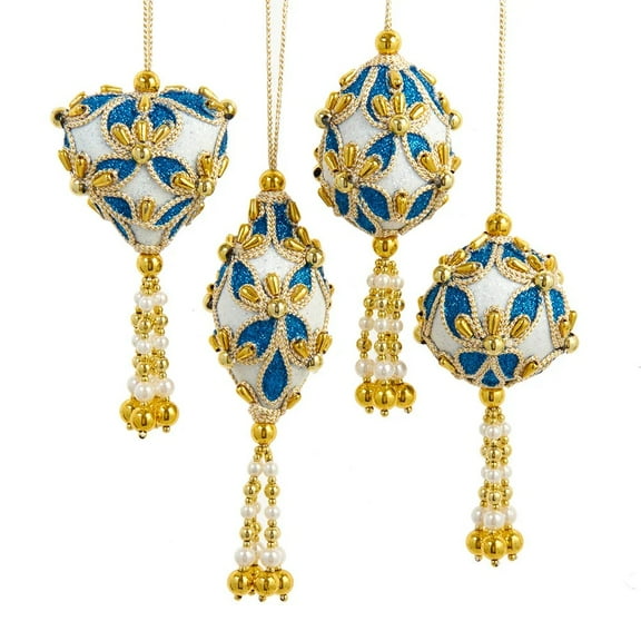 Set of 4 BLUE, WHITE, & GOLD Mini Sequined Christmas Ornaments, by Kurt Adler