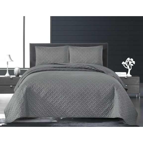 EleganHome 3-Piece Quilt Set Gray Color, Basketweave Pattern Bedspread/Coverlet Queen Size (90"x90")