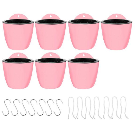 7 Pcs 5" Self-Watering Hanging Plant Flower Pots, Wall Decor Basket Indoor Strawberry Planters Pots with Drainage in Garden Outdoor, Pink