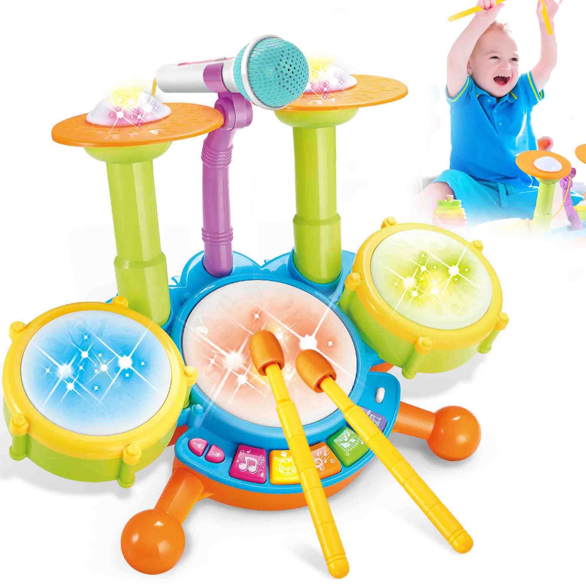 Kids Drum Set Toddler Drum Set Includes Toy Microphone, Adjustable