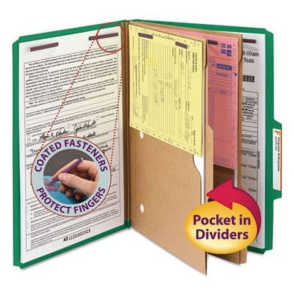 Smead Pressboard Folders with Two Pocket Dividers Legal Six-Section Green 10/Box 19083