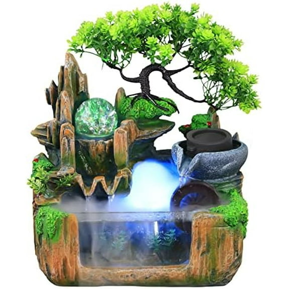 Waterfall Fountain Tabletop Rockery Fountain Indoor with Aquariums, Plant, Atomizing Humidifier, Colorful LED Crystal Ball Zen Meditation Indoor for Home Office Bedroom Desk Décoration 110v