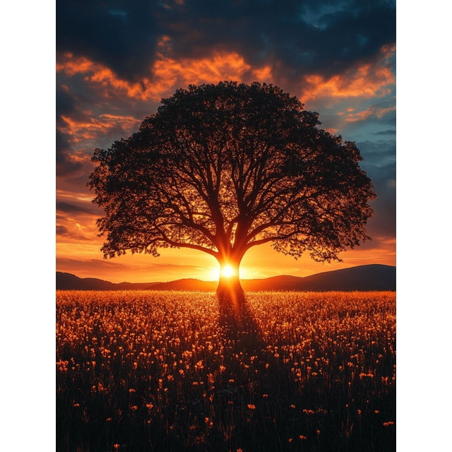 Qisvanset Framed Canvas Wall Art, 12x16 Inch Sunset Old Tree Panoramic Nature Home Decor