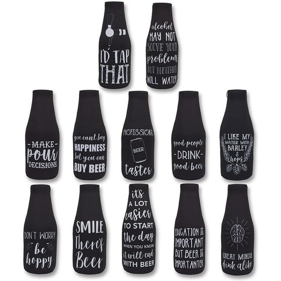 12 oz Black Neoprene Bottle Sleeves with Zipper for Beer, Soda, Beverages (12 Pack)