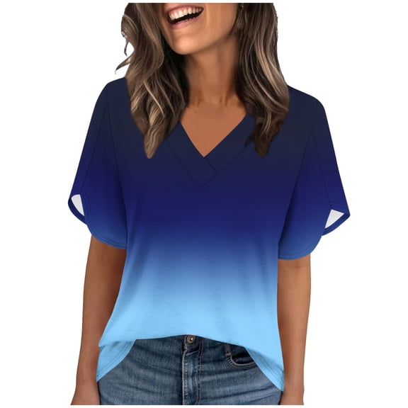 T-Shirt for Women Gradient Ombre V Neck Petal Sleeve Loose Fit Casual Relaxed Breathable Summer Blouse Soft Everyday Clothes Comfy Fashion Top