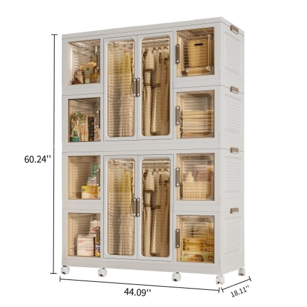 Portable Wardrobe Closet Storage Organizer with 12 Magnetic Transparent Doors, 12 Cubes & 2 Hanging Rods, Clothes Dresser with 16 Hangers, White