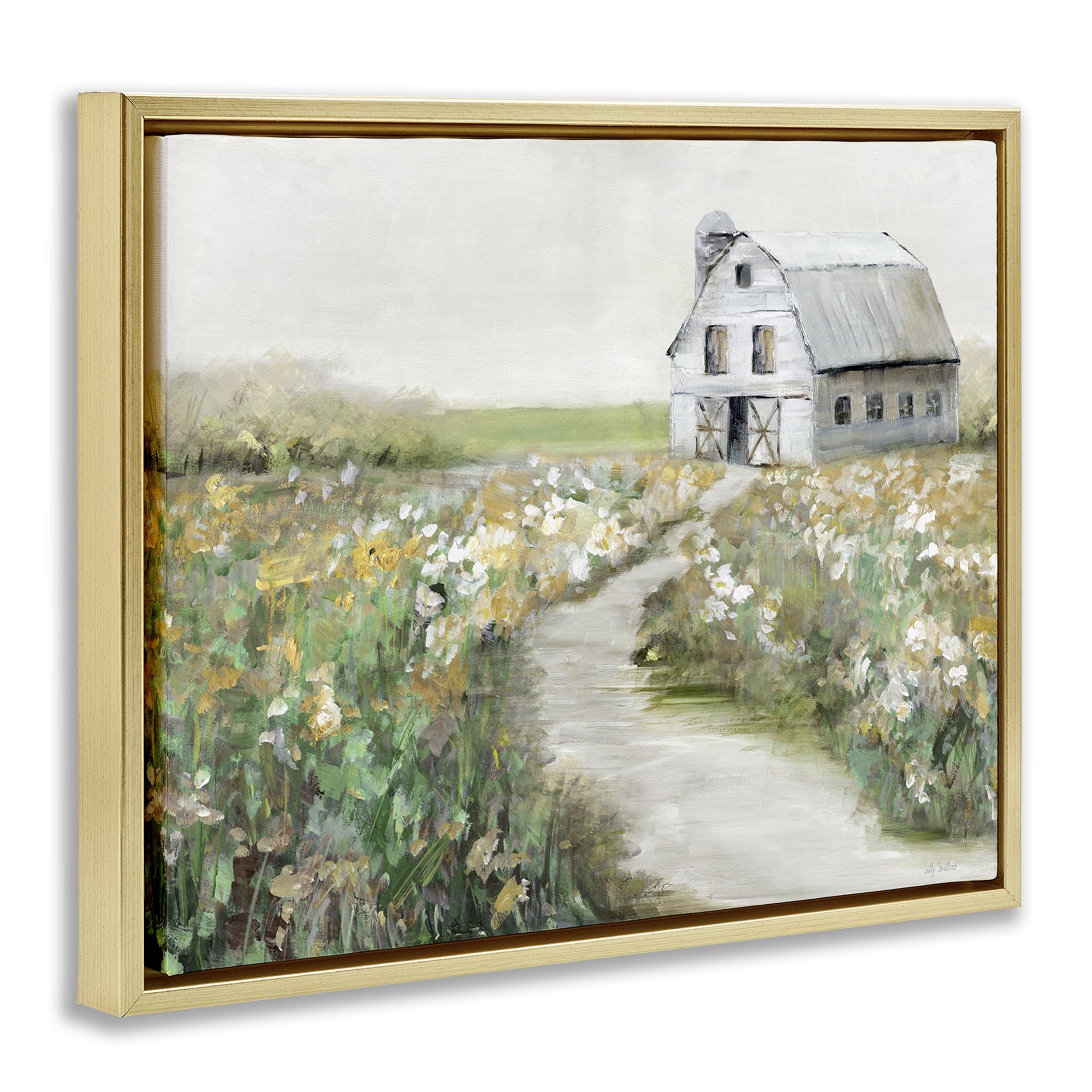 Stupell Industries Farmyard Path to Barn Landscape & Nature Painting Gold Floater Framed Canvas Art Print Wall Art, 31 x 25